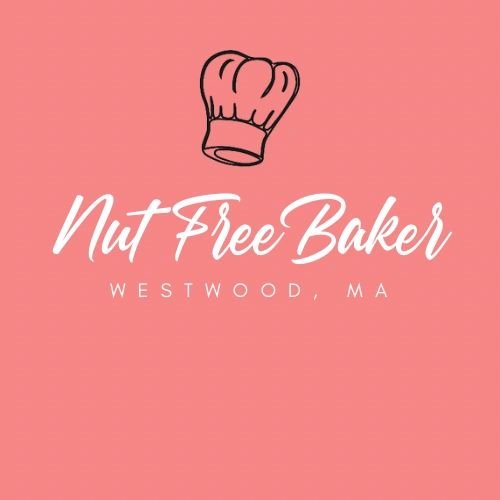 Nut Free Baker logo: a chef’s hat above the words Nut Free Baker, Westwood, MA, on a coral background
